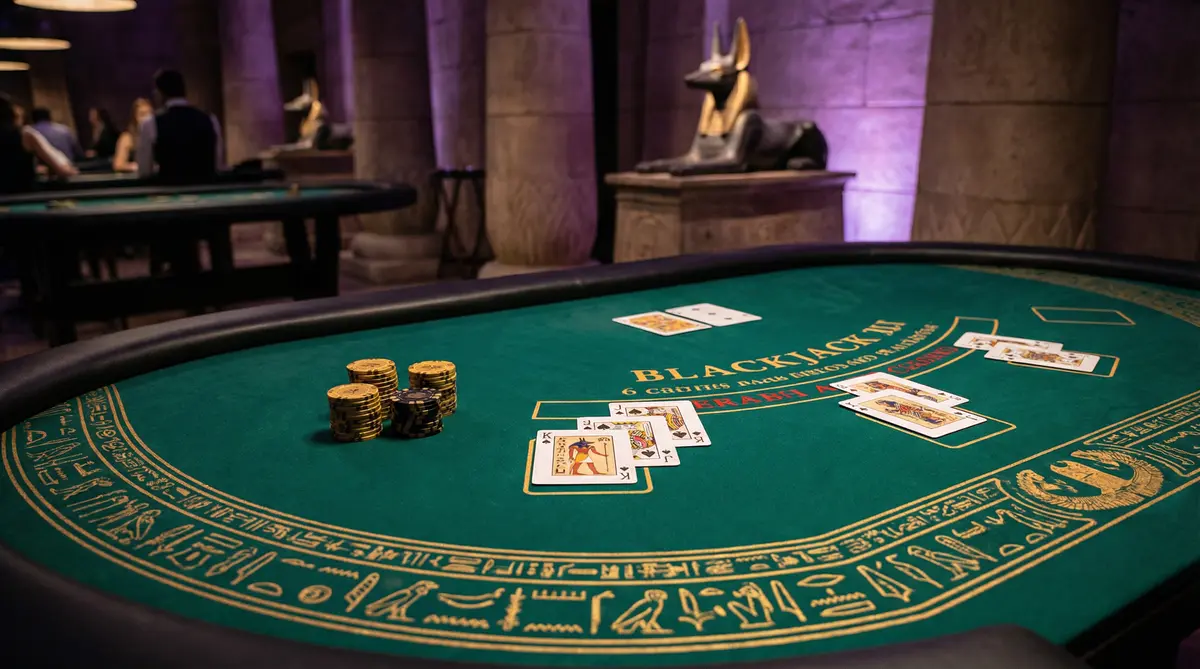 Mesa de blackjack com decoração egípcia no segurobet